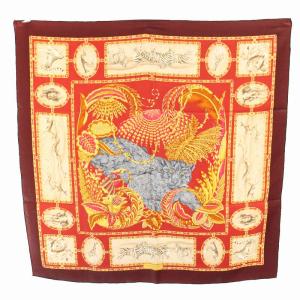 Salvatore Ferragamo スカーフ 総柄 アニマル柄 絹 シルク 赤 レッド ボルドー 黄 イエロー /YT OH