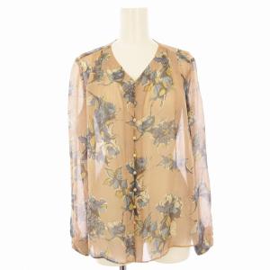 シルクブーケフラワープリント Vネックブラウス 長袖 花柄 シアー 絹 シルク 36 ピンクベージュ 13010101201