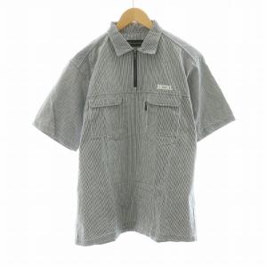 ワークシャツ ストライプ 半袖 ハーフジップ 刺繍 M ネイビー ホワイト /NQ