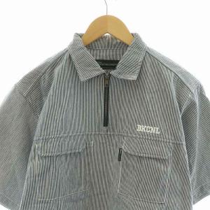 Back Channel ワークシャツ ストライプ 半袖 ハーフジップ 刺繍 M ネイビー ホワイト /NQ