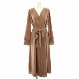 21AW ヴィンテージサテンワンピース ロング Vネック 長袖 リボン 38 モカ CWFO214063