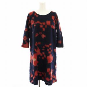 ワンピース ひざ丈 長袖 チュニック 花柄 ウール 2 紺 ネイビー 赤 レッド /YT