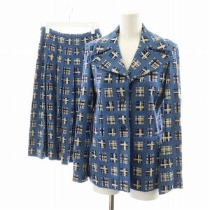 スーツ セットアップ テーラードジャケット プリーツスカート ひざ丈 総柄 ウール 青 ブルー /AN50