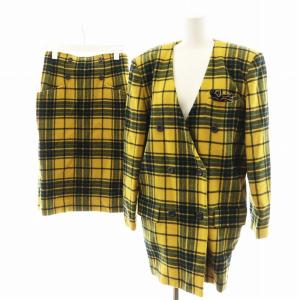 セットアップ ジャケット ダブル スカート ロング丈 チェック柄 ウール 40 黄 イエロー 21744