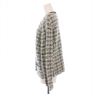 Leilian ニット ノーカラージャケット ツイード チェック柄 ラメ ナイロン ウール 13+ ライトグレー /BM