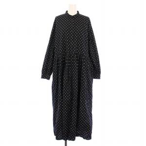 シャツワンピース フレア ギャザー マキシ ロング 長袖 バンドカラー ドット柄 総柄 2 黒 ブラック