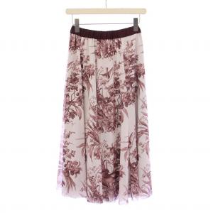 チュールプリントスカート フレア ギャザー イージー ミモレ ロング ウエストゴム 花柄 総柄 36 ピンク