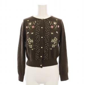 カーディガン ニット パール ビーズ装飾 花柄刺繍 長袖 XS 茶 /YM