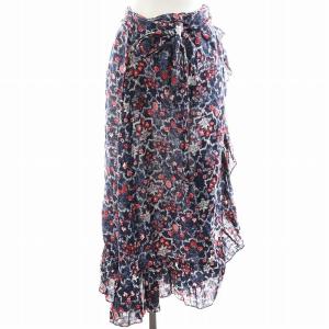 ラップスカート フレアスカート ロング丈 花柄 リネン 麻 36 紺 ネイビー 赤 レッド /AN46