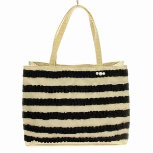 トートバッグ ナイロン フリル リボン ボーダー ライトベージュ 黒 /G