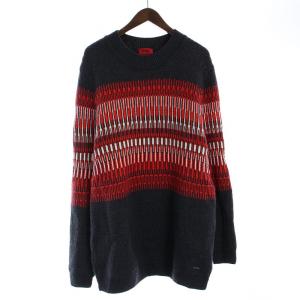 ニット セーター 長袖 クルーネック ウール XL グレー 赤 レッド /BB