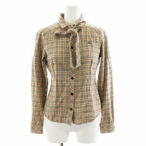 シャツ ブラウス 長袖 チェック柄 リボン コットン 36 ベージュ E1M29-467-43 /AN47