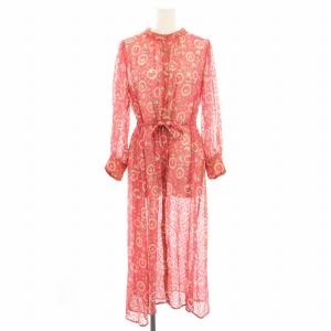 ワンピース ひざ丈 バンドカラー 長袖 リボンベルト 花柄 ネコ柄 シアー M ピンク 1115570