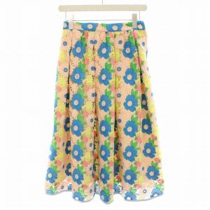 クロシェットスカート ロング フレア 花柄 刺繍 M ピンクベージュ 青 ブルー 4165039 /YT