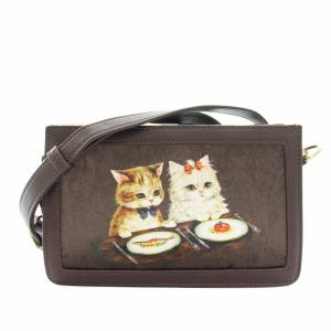 ショルダーバッグ レザー ネコ柄 茶 ブラウン /YT D