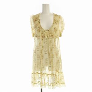 ワンピース ひざ丈 絹 シルク 総柄 シアー M ベージュ 421081 /EE