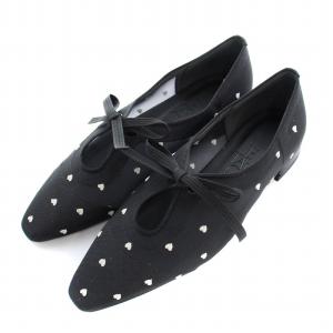 25SS ハートセミシアーレースアップマニッシュ パンプス スクエアトゥ ローヒール メッシュ 総柄 リボン