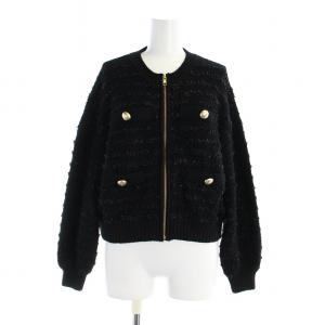 ツイードニットブルゾン アウター ジップアップ ストレッチ ショート丈 36 黒 ブラック 0323103048