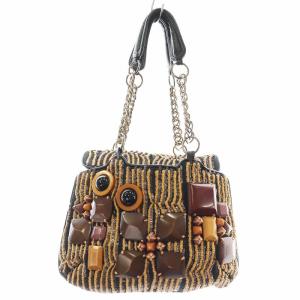 ハンドバッグ ストライプ柄 チェーン ビジュー スパンコール ベージュ 黒 ブラック /AN6