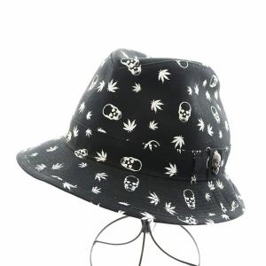 中折れハット 中折れ帽 帽子 スカル柄 L 黒 ブラック /AN9