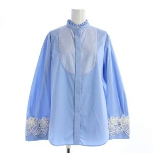 24SS シャツ ブラウス 長袖 バンドカラー フリル レース 切替 2 水色 ライトブルー /BB