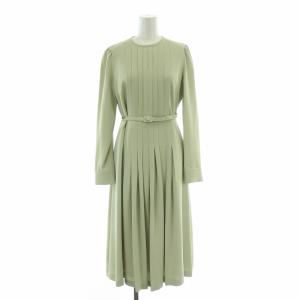 バックサテンタックプリーツワンピース フレア ミモレ ロング 長袖 ベルト 38 黄緑 ライトグリーン