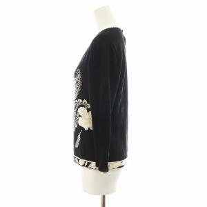 LEONARD FASHION ニット カットソー 長袖 刺繍 ビジュー シルク 絹 M 黒 ブラック 白 ホワイト 0387450