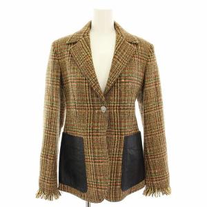 テーラードジャケット シングル フリンジ ツイード 絹 シルク混 モヘヤ混 ベージュ オレンジ A0884FJ218