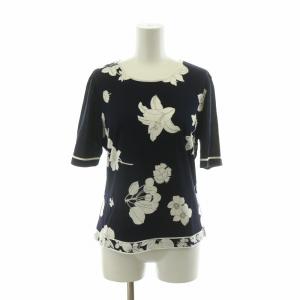 fashion ニット カットソー 半袖 花柄 フラワーモチーフ プルオーバー M ネイビー ホワイト