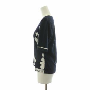 LEONARD fashion ニット カットソー 半袖 花柄 フラワーモチーフ プルオーバー M ネイビー ホワイト