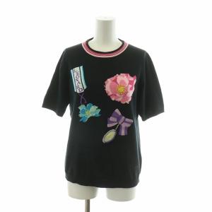 ニット カットソー 半袖 花柄 カシミヤ混 ラインストーン ビーズ リボンモチーフ プルオーバー 40