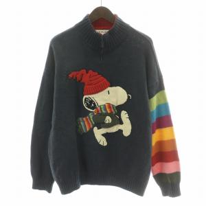 PEANUS スヌーピー ニット セーター 長袖 ハーフジップ ハイネック 刺繍 ウール 54 紺 ネイビー