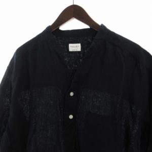 SHIPS any カジュアルシャツ 麻 リネン スタンドカラー スキッパー 五分袖 L 紺 ネイビー 711-51-0013