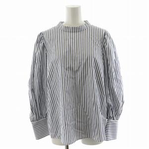 23年製 シャツ ブラウス 長袖 ストライプ柄 パールボタン 38 紺 ネイビー 白 ホワイト 5311980