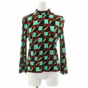 カットソー 長袖 ハイネック 総柄 36 茶 ブラウン 黒 ブラック 緑 グリーン /AN29