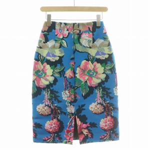 DRIES VAN NOTEN フレアスカート バラ 総柄 シルク混 36 ブルー マルチカラー