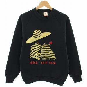 90s スウェット トレーナー クルーネック 長袖 プリント 裏起毛 M 黒 ブラック ゴールド /YT