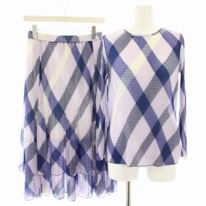 セットアップ トリコットチェックシアーカットソー ブラウス 長袖 トリコットチェックレイヤード風スカート
