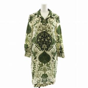 22AW シャツワンピース シャツワンピ ひざ丈 長袖 花柄 シルク混 絹 38 ベージュ 緑 グリーン