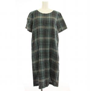 リネン ワンピース D0313FA 半袖 チェック ロング 38 青 ネイビー /G