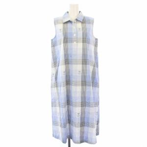 シャツワンピース ノースリーブ ロング チェック ロゴ 青 D0303FA050A /TK