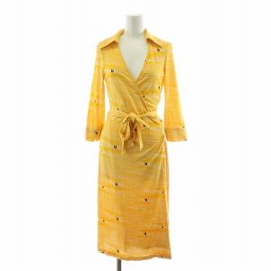 ラップワンピース ひざ丈 絹 シルク100％ 長袖 総柄 2 イエロー 418-142014 /NQ