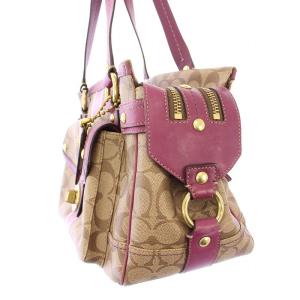 COACH ハンドバッグ シグネチャー キャンバス レザー ロゴチャーム 総柄 茶 ブラウン 紫 パープル 12529