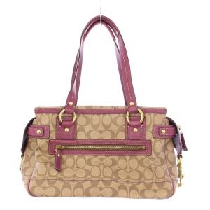 COACH ハンドバッグ シグネチャー キャンバス レザー ロゴチャーム 総柄 茶 ブラウン 紫 パープル 12529