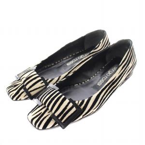 パンプス ゼブラ柄 レザー フラット ローヒール スクエアトゥ 35.5 22.5cm ベージュ ブラック