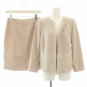 スーツ セットアップ 上下 ノーカラージャケット レース 花柄 スカート ひざ丈 フレア 11 ピンクベージュ