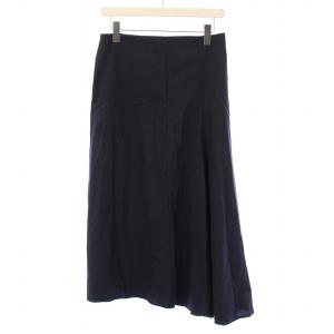フレアスカート ミモレ ロング アシンメトリー ストライプ柄 ウール 38 紺 ネイビー /BB