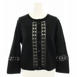 ニットカーディガン クルーネック 長袖 レース 黒 ブラック /YT