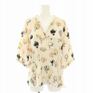 シャツ ブラウス キーネック 七分袖 花柄 ベージュ 黒 ブラック ピンク /YT