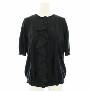 ニットカーディガン クルーネック 半袖 フリル カシミヤ 絹 シルク I42 黒 ブラック 3C24528AM531